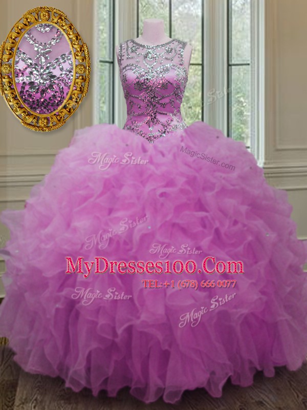 Fuchsia 15th Birthday Dress Military Ball and Sweet 16 and Quinceanera and For with Beading and Ruffles Scoop Sleeveless Lace Up