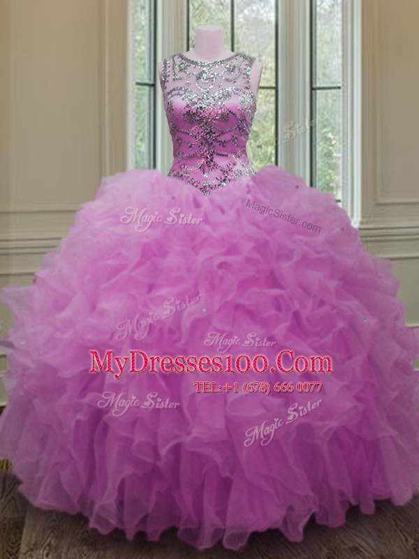 Fuchsia 15th Birthday Dress Military Ball and Sweet 16 and Quinceanera and For with Beading and Ruffles Scoop Sleeveless Lace Up