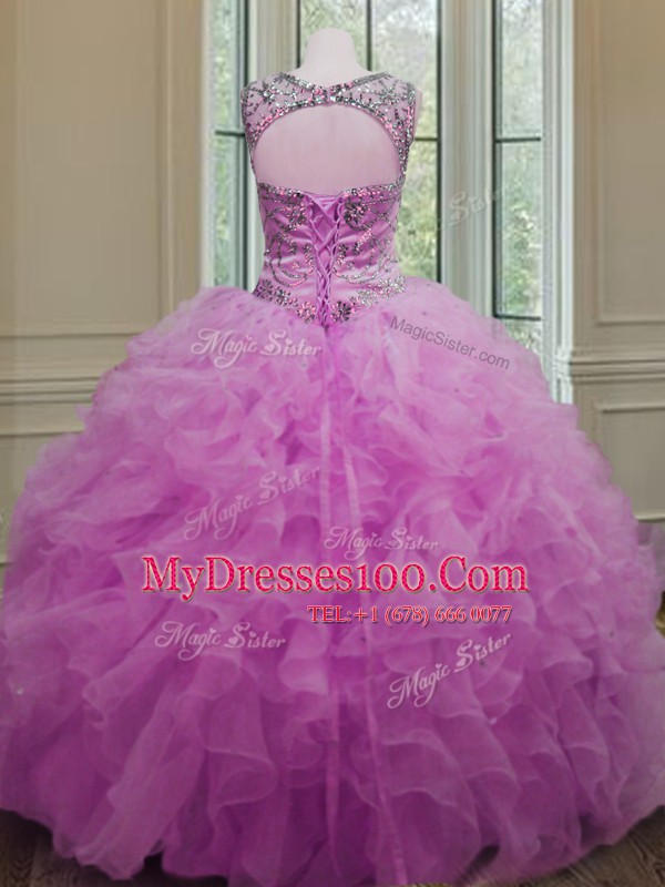 Fuchsia 15th Birthday Dress Military Ball and Sweet 16 and Quinceanera and For with Beading and Ruffles Scoop Sleeveless Lace Up