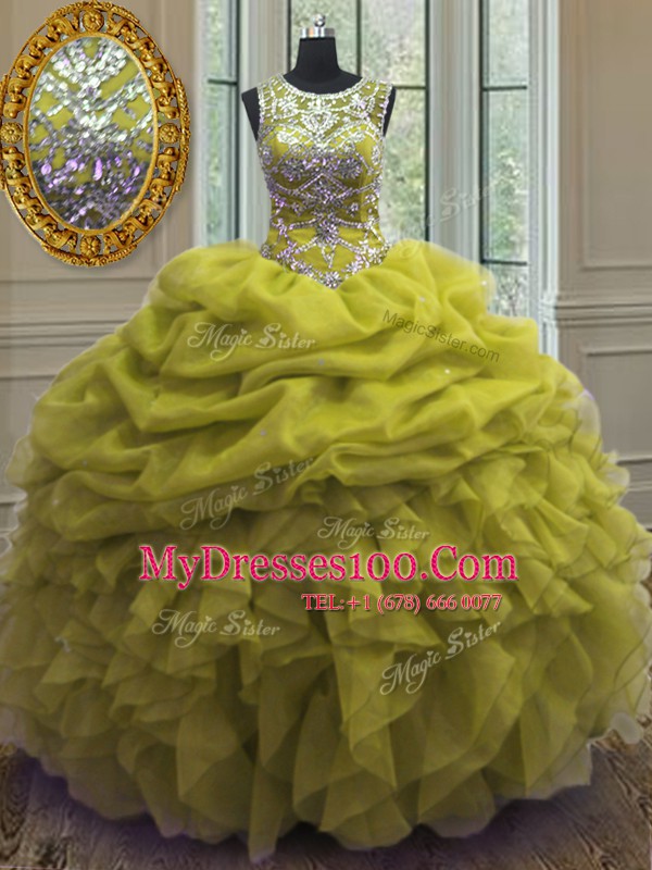 Flirting Scoop Yellow Green Sleeveless Beading and Ruffles and Pick Ups Floor Length 15th Birthday Dress