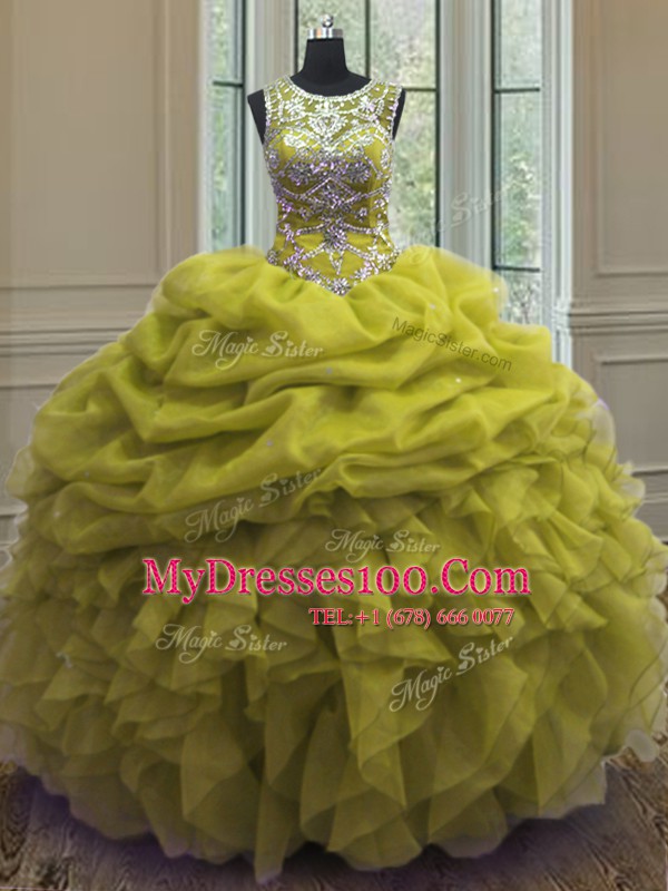 Flirting Scoop Yellow Green Sleeveless Beading and Ruffles and Pick Ups Floor Length 15th Birthday Dress
