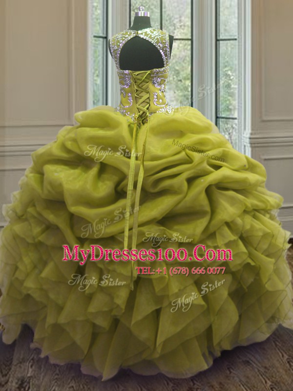 Flirting Scoop Yellow Green Sleeveless Beading and Ruffles and Pick Ups Floor Length 15th Birthday Dress