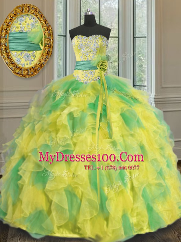 Halter Top Sleeveless Organza Vestidos de Quinceanera Beading and Appliques and Ruffles and Sashes ribbons and Hand Made Flower Lace Up