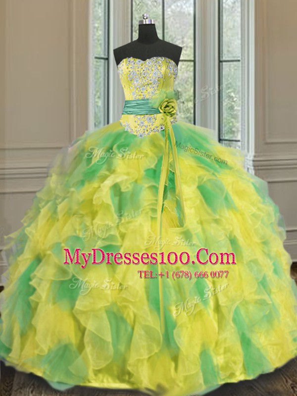 Halter Top Sleeveless Organza Vestidos de Quinceanera Beading and Appliques and Ruffles and Sashes ribbons and Hand Made Flower Lace Up