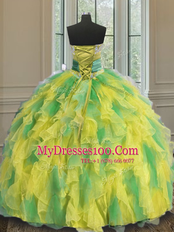 Halter Top Sleeveless Organza Vestidos de Quinceanera Beading and Appliques and Ruffles and Sashes ribbons and Hand Made Flower Lace Up