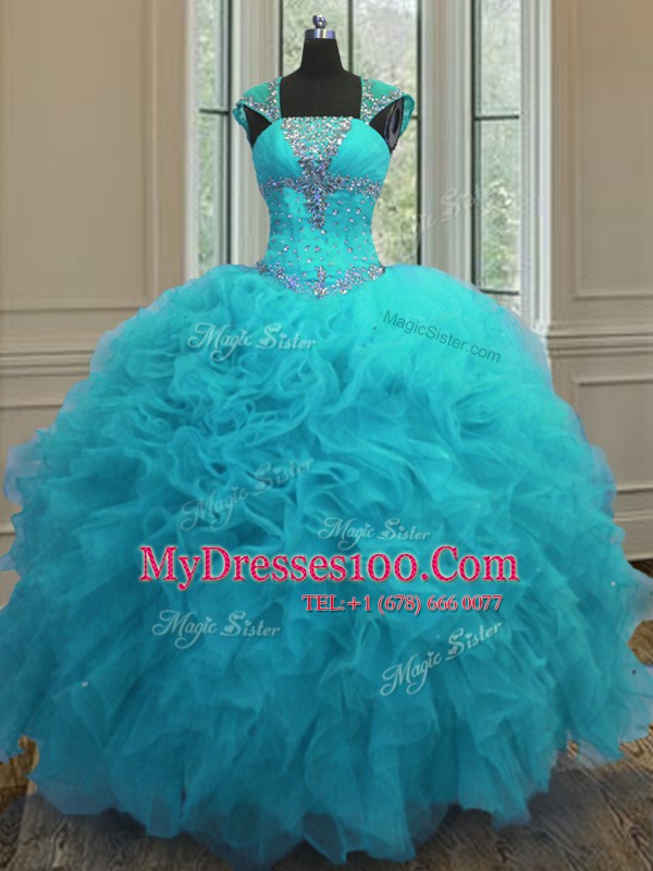 Great Organza Straps Cap Sleeves Lace Up Beading and Ruffles and Sequins Quince Ball Gowns in Aqua Blue