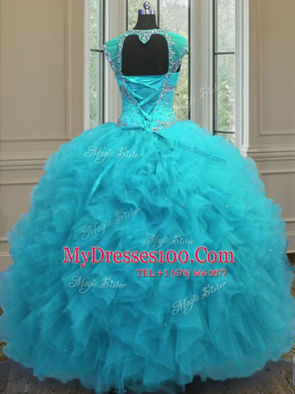 Great Organza Straps Cap Sleeves Lace Up Beading and Ruffles and Sequins Quince Ball Gowns in Aqua Blue