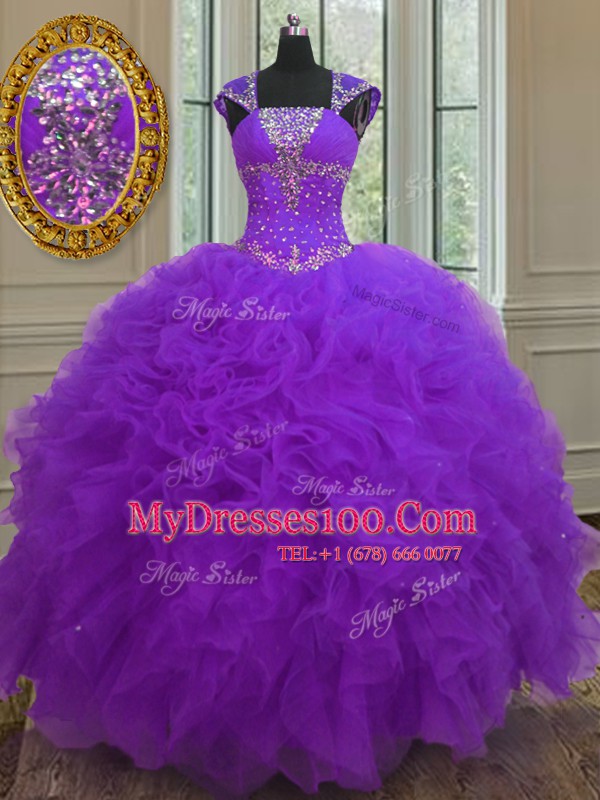 Dramatic Straps Cap Sleeves Organza Quince Ball Gowns Beading and Ruffles and Sequins Lace Up