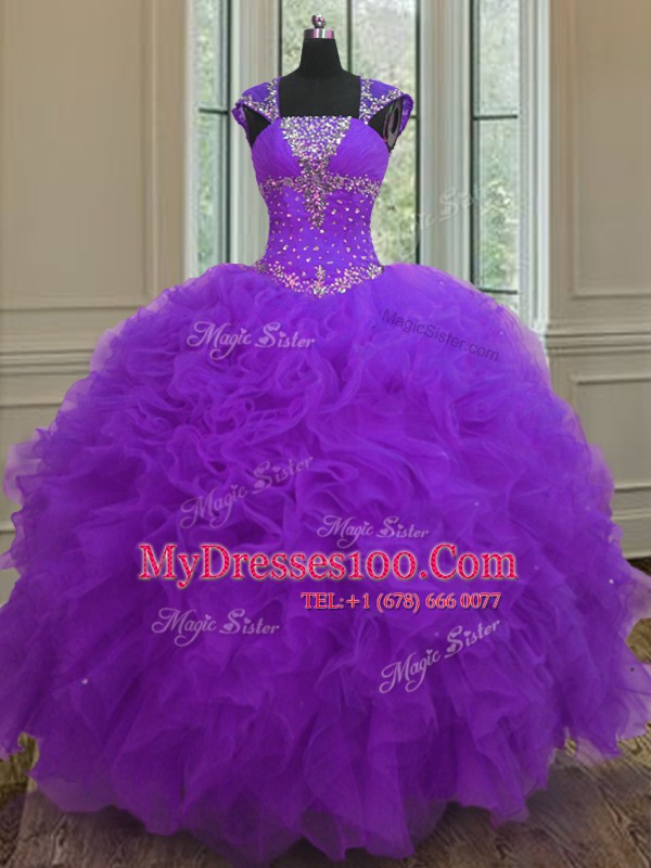 Dramatic Straps Cap Sleeves Organza Quince Ball Gowns Beading and Ruffles and Sequins Lace Up