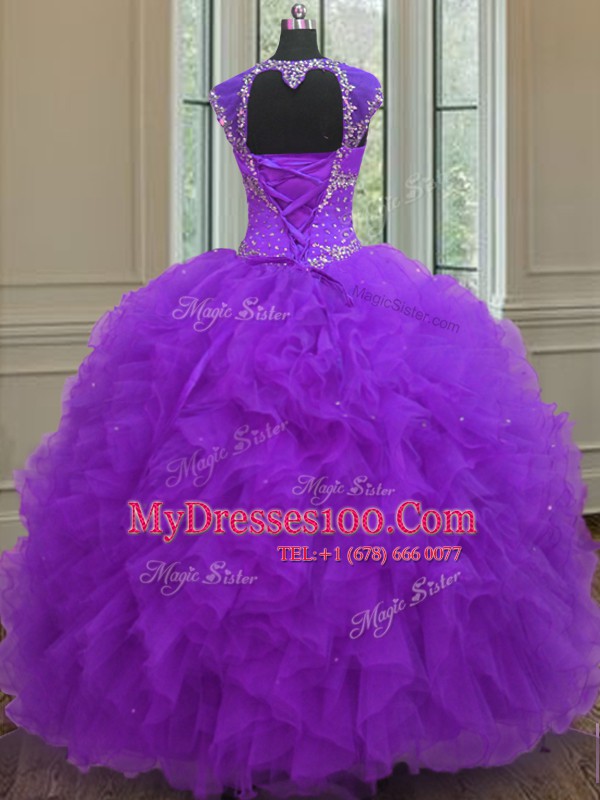 Dramatic Straps Cap Sleeves Organza Quince Ball Gowns Beading and Ruffles and Sequins Lace Up