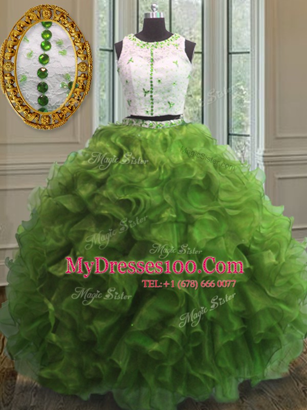 Graceful Scoop Green Clasp Handle 15th Birthday Dress Appliques and Ruffles Sleeveless Floor Length