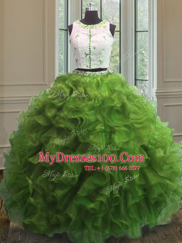 Graceful Scoop Green Clasp Handle 15th Birthday Dress Appliques and Ruffles Sleeveless Floor Length
