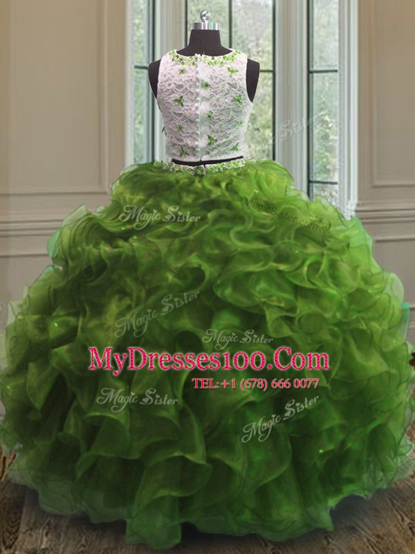 Graceful Scoop Green Clasp Handle 15th Birthday Dress Appliques and Ruffles Sleeveless Floor Length