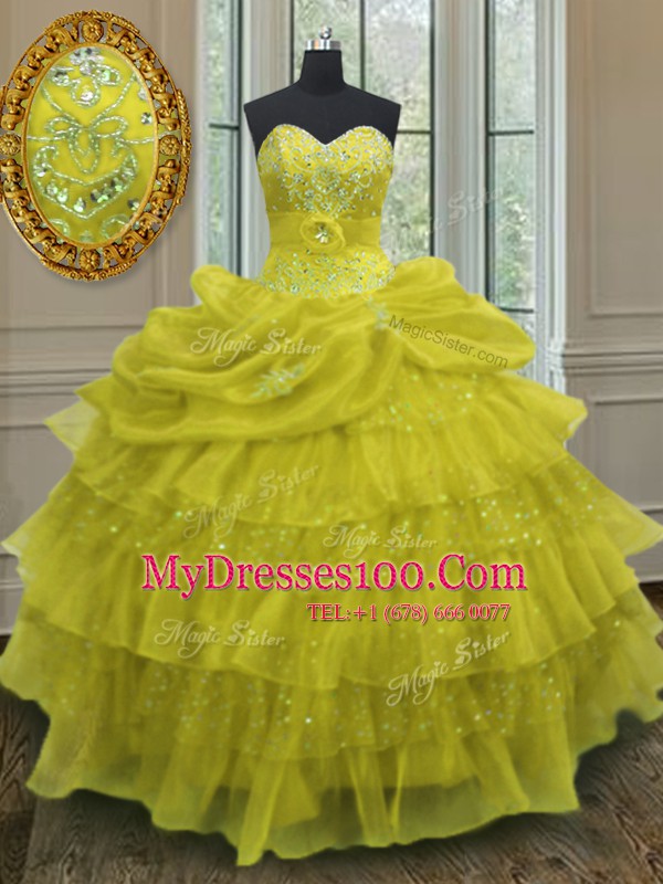 Great Pick Ups Ruffled Ball Gowns Sweet 16 Dress Yellow Sweetheart Organza Sleeveless Floor Length Lace Up