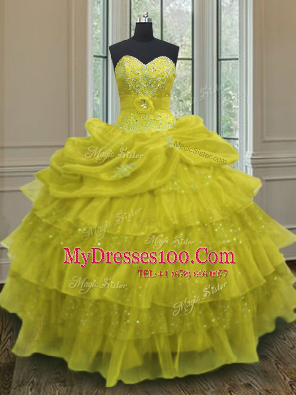Great Pick Ups Ruffled Ball Gowns Sweet 16 Dress Yellow Sweetheart Organza Sleeveless Floor Length Lace Up