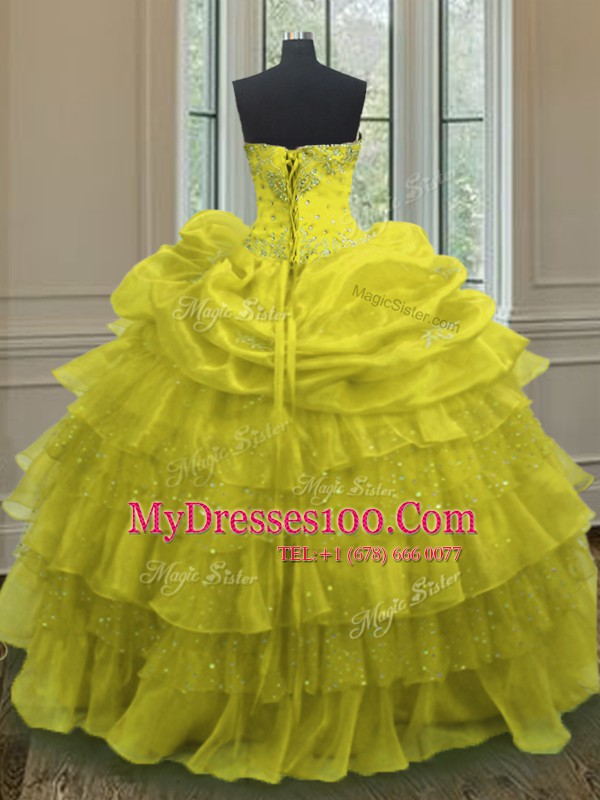 Great Pick Ups Ruffled Ball Gowns Sweet 16 Dress Yellow Sweetheart Organza Sleeveless Floor Length Lace Up