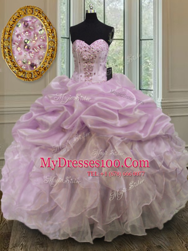 Lilac Lace Up Sweetheart Beading and Ruffles Quinceanera Dresses Organza Sleeveless