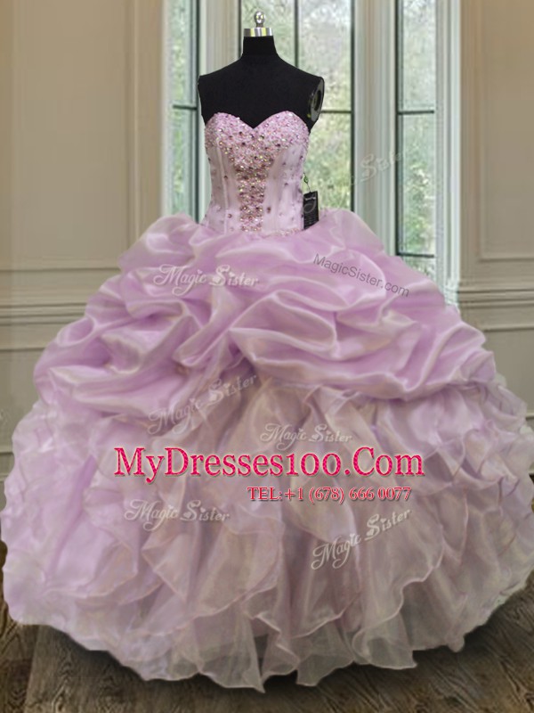 Lilac Lace Up Sweetheart Beading and Ruffles Quinceanera Dresses Organza Sleeveless