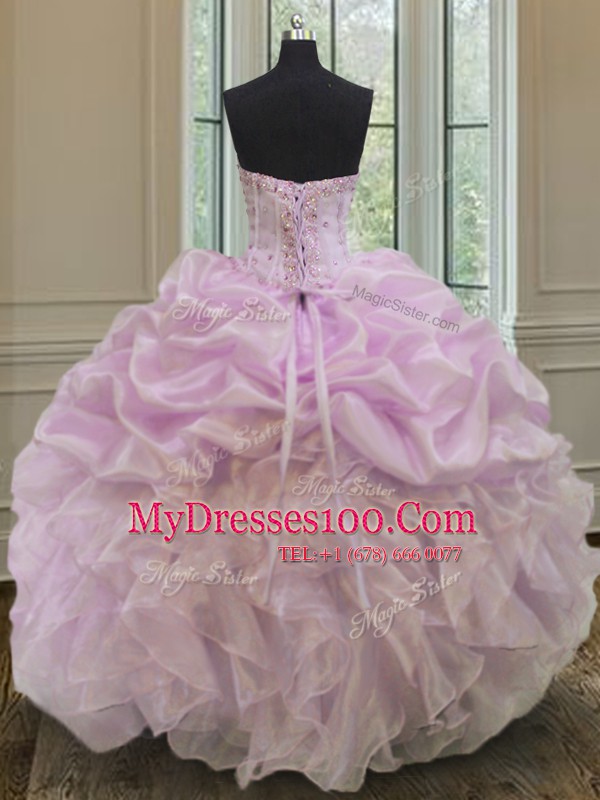 Lilac Lace Up Sweetheart Beading and Ruffles Quinceanera Dresses Organza Sleeveless