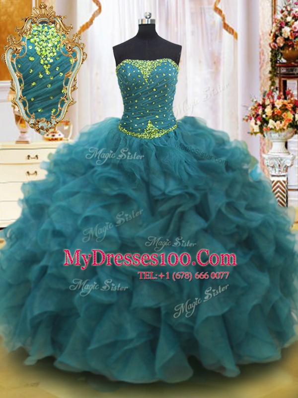 Teal Organza Lace Up Strapless Sleeveless Floor Length 15 Quinceanera Dress Beading and Ruffles