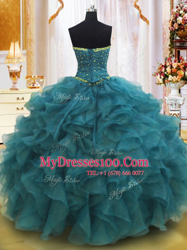 Teal Organza Lace Up Strapless Sleeveless Floor Length 15 Quinceanera Dress Beading and Ruffles