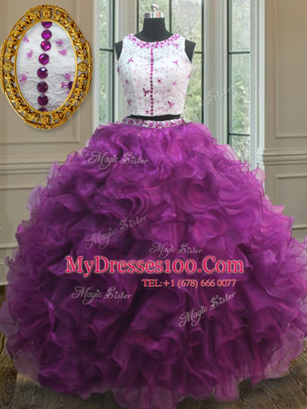 Customized Scoop Clasp Handle Floor Length Fuchsia 15th Birthday Dress Organza Sleeveless Appliques and Ruffles
