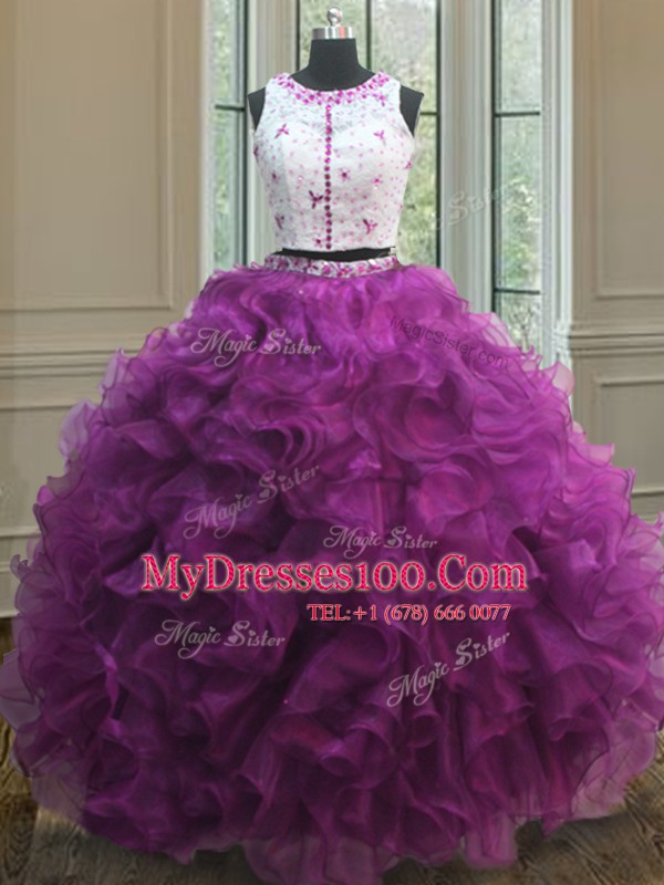 Customized Scoop Clasp Handle Floor Length Fuchsia 15th Birthday Dress Organza Sleeveless Appliques and Ruffles