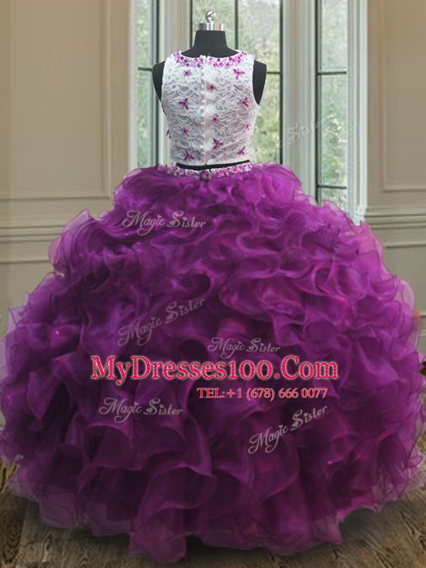 Customized Scoop Clasp Handle Floor Length Fuchsia 15th Birthday Dress Organza Sleeveless Appliques and Ruffles