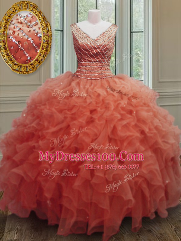 Dynamic Orange Red Ball Gowns Organza V-neck Sleeveless Beading and Ruffles Floor Length Zipper Vestidos de Quinceanera