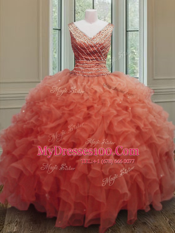 Dynamic Orange Red Ball Gowns Organza V-neck Sleeveless Beading and Ruffles Floor Length Zipper Vestidos de Quinceanera