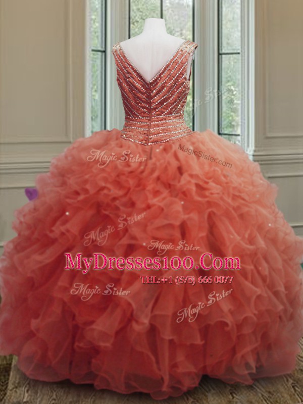 Dynamic Orange Red Ball Gowns Organza V-neck Sleeveless Beading and Ruffles Floor Length Zipper Vestidos de Quinceanera