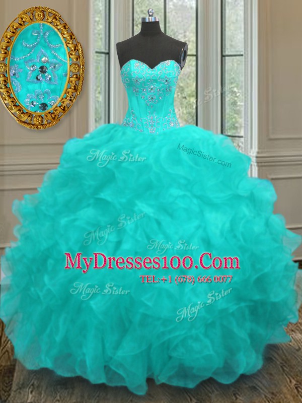 Best Sleeveless Floor Length Beading and Embroidery and Ruffles Lace Up Quince Ball Gowns with Aqua Blue
