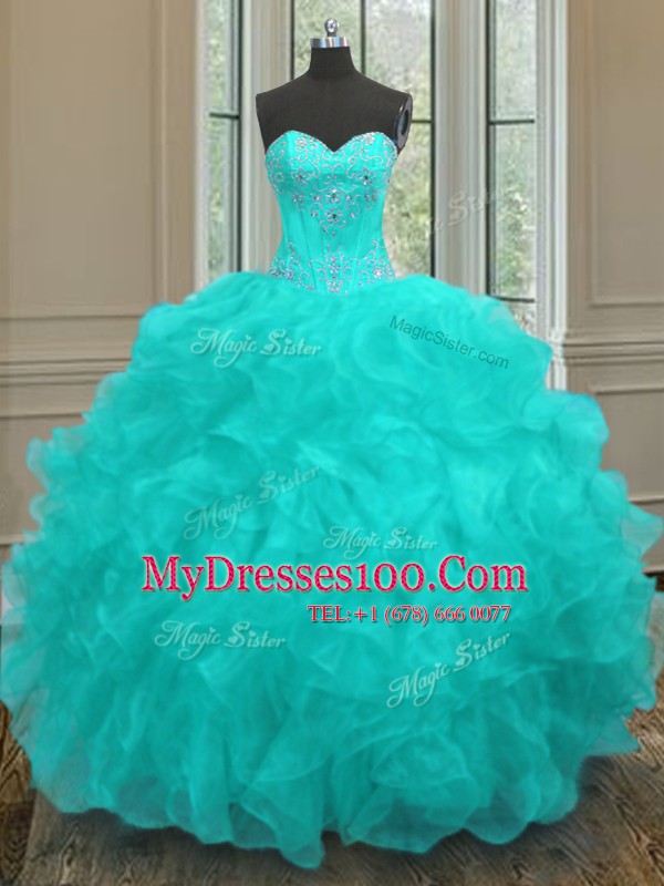 Best Sleeveless Floor Length Beading and Embroidery and Ruffles Lace Up Quince Ball Gowns with Aqua Blue