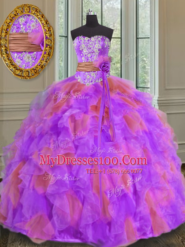 Ideal Floor Length Multi-color Quinceanera Dress Organza Sleeveless Beading and Ruffles and Sashes ribbons and Hand Made Flower