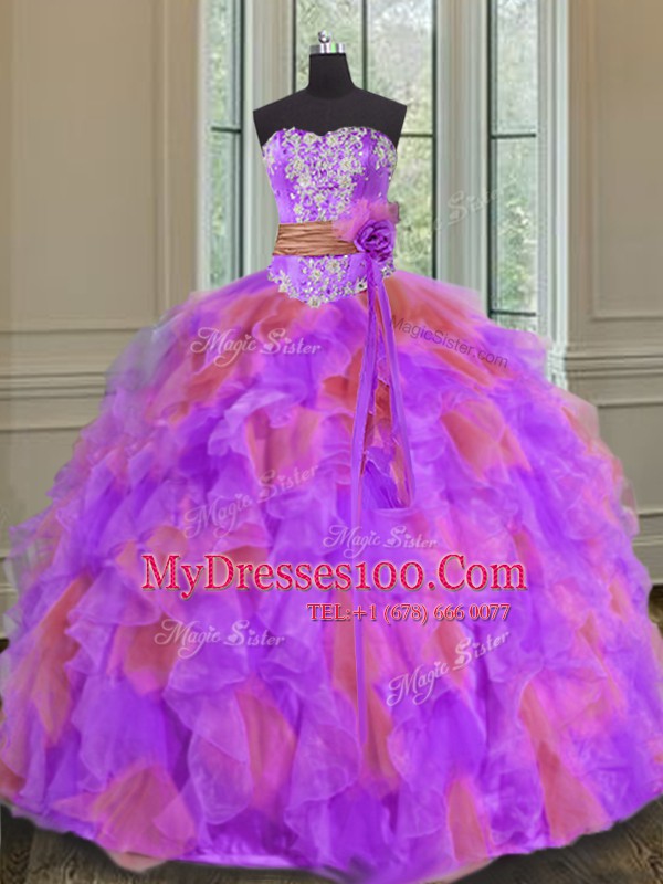 Ideal Floor Length Multi-color Quinceanera Dress Organza Sleeveless Beading and Ruffles and Sashes ribbons and Hand Made Flower