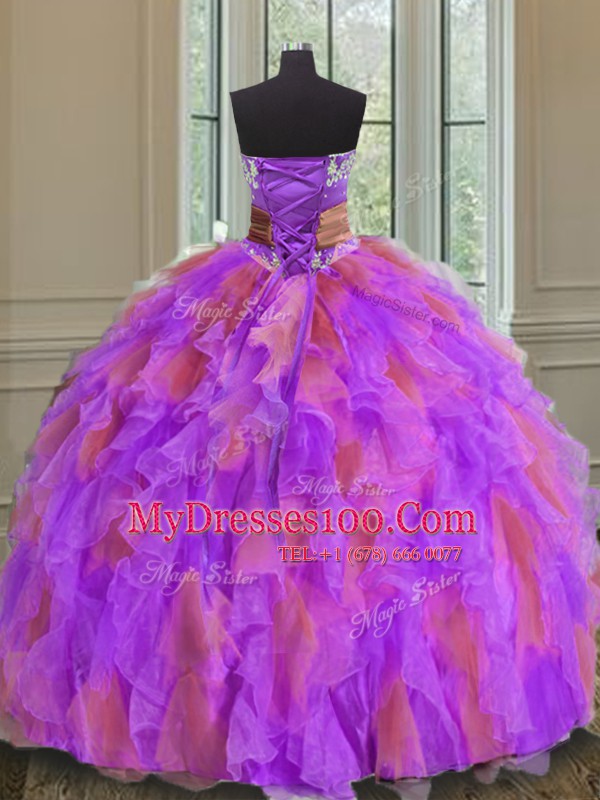 Ideal Floor Length Multi-color Quinceanera Dress Organza Sleeveless Beading and Ruffles and Sashes ribbons and Hand Made Flower
