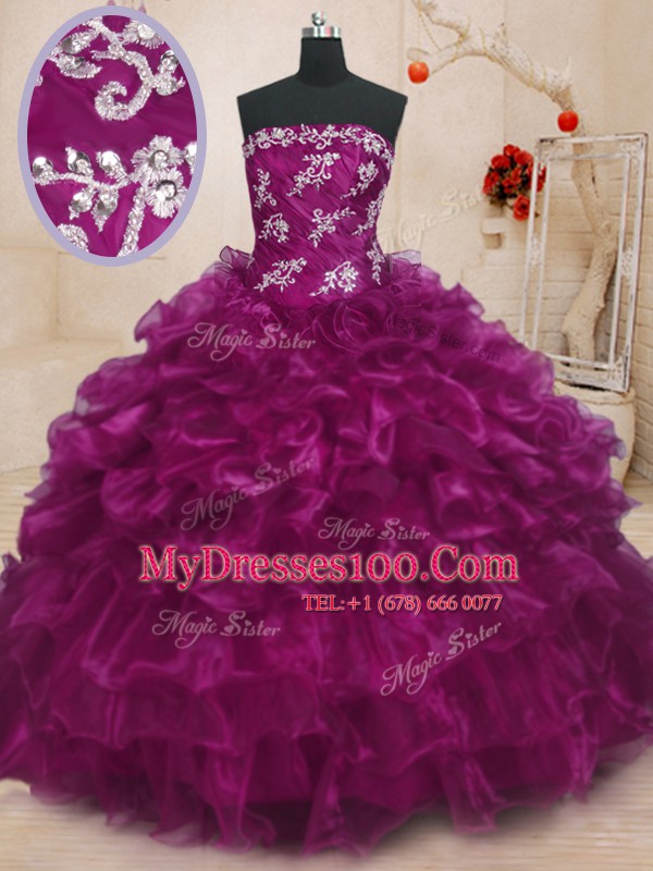 Amazing Fuchsia Sleeveless Floor Length Beading and Appliques and Ruffles Lace Up Quinceanera Dresses
