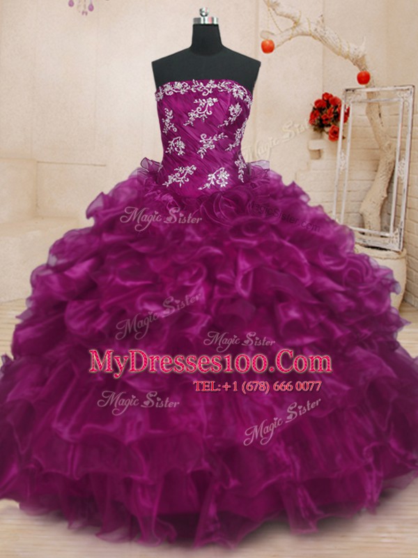 Amazing Fuchsia Sleeveless Floor Length Beading and Appliques and Ruffles Lace Up Quinceanera Dresses