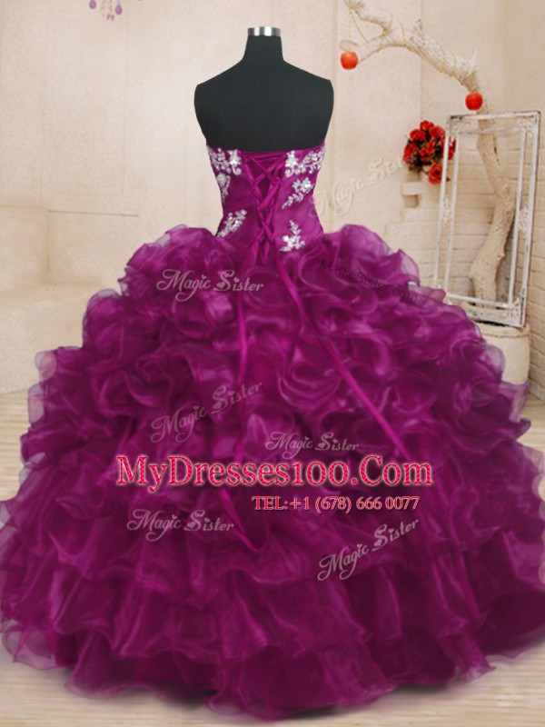 Amazing Fuchsia Sleeveless Floor Length Beading and Appliques and Ruffles Lace Up Quinceanera Dresses