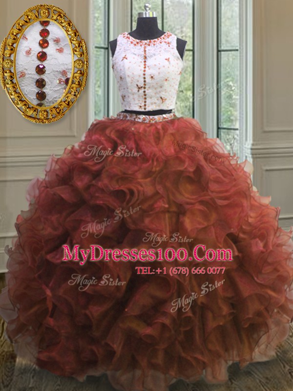Graceful Floor Length Rust Red 15 Quinceanera Dress Scoop Sleeveless Clasp Handle