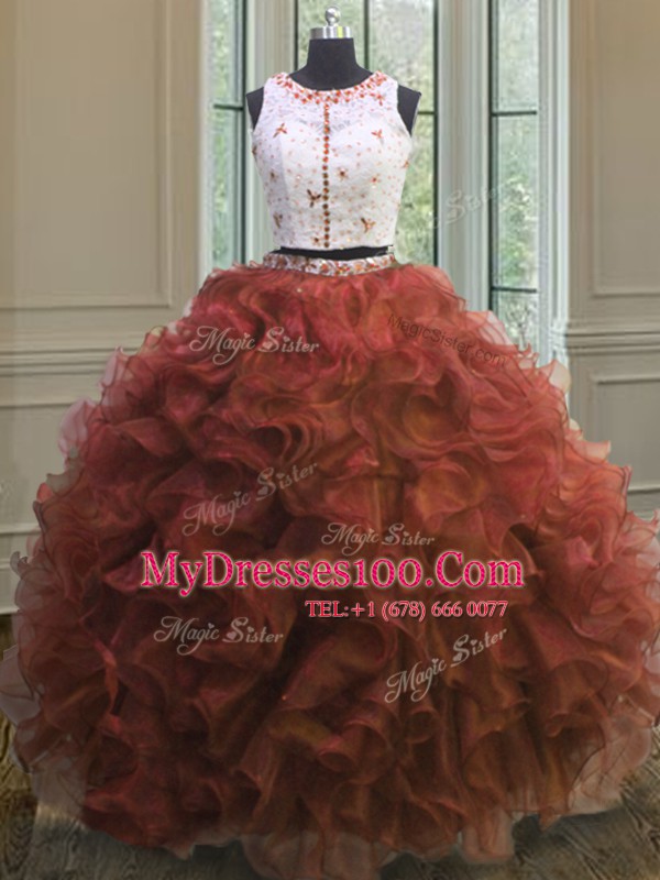 Graceful Floor Length Rust Red 15 Quinceanera Dress Scoop Sleeveless Clasp Handle