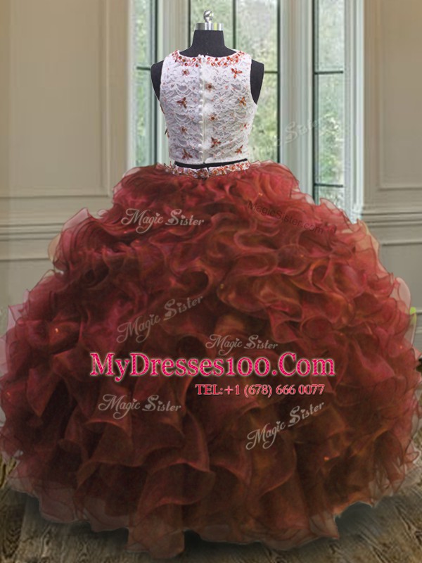 Graceful Floor Length Rust Red 15 Quinceanera Dress Scoop Sleeveless Clasp Handle