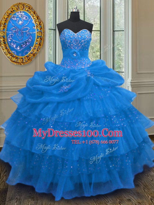 New Arrival Organza Sweetheart Sleeveless Lace Up Beading and Ruffled Layers and Pick Ups Quinceanera Gowns in Blue