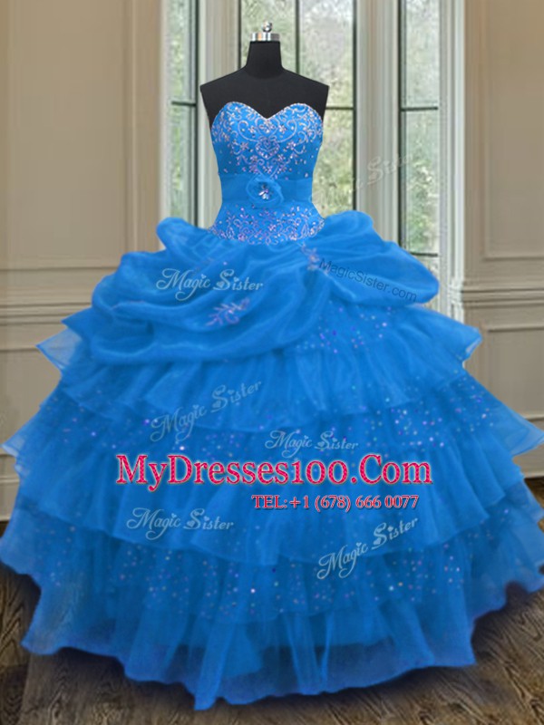 New Arrival Organza Sweetheart Sleeveless Lace Up Beading and Ruffled Layers and Pick Ups Quinceanera Gowns in Blue