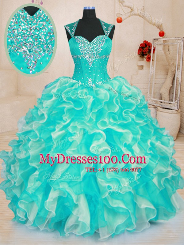 Affordable Turquoise Organza Lace Up Quinceanera Gowns Sleeveless Floor Length Beading and Ruffles