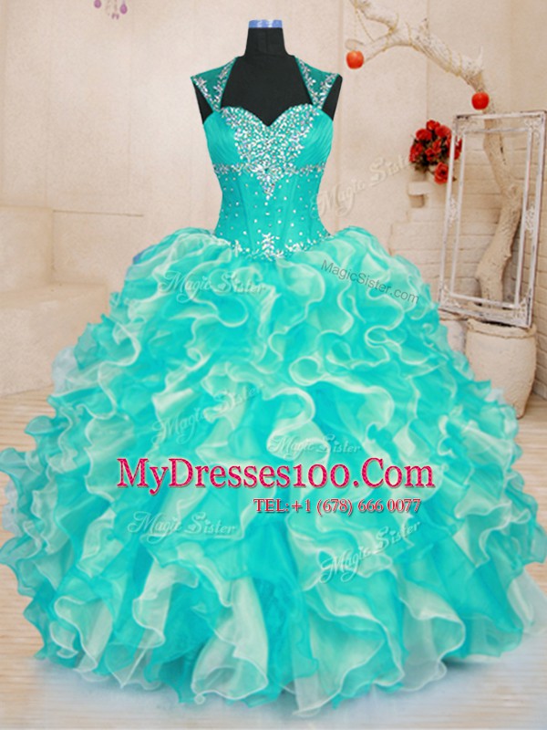 Affordable Turquoise Organza Lace Up Quinceanera Gowns Sleeveless Floor Length Beading and Ruffles