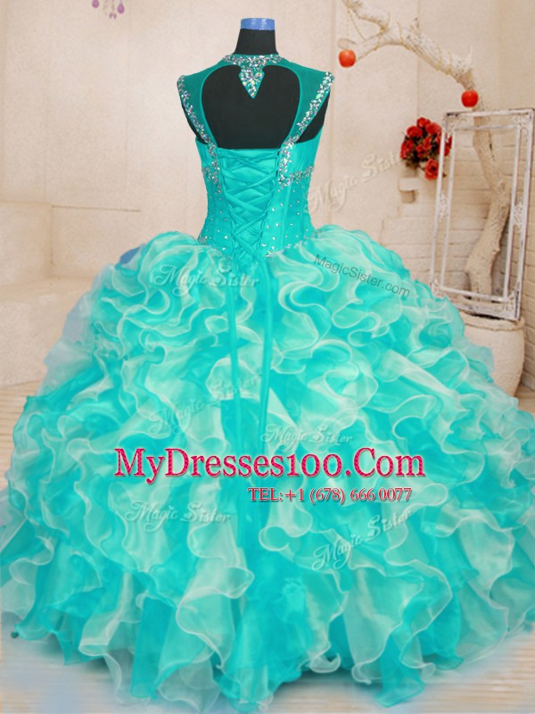 Affordable Turquoise Organza Lace Up Quinceanera Gowns Sleeveless Floor Length Beading and Ruffles