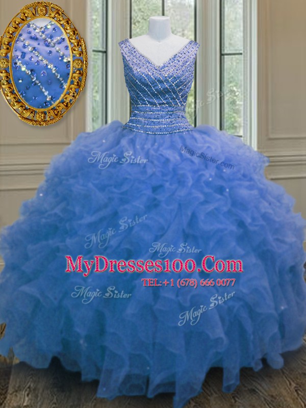 Dynamic Sleeveless Organza Floor Length Zipper Quinceanera Gowns in Blue with Beading and Ruffles