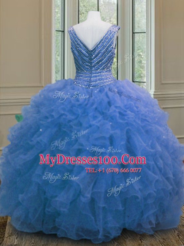 Dynamic Sleeveless Organza Floor Length Zipper Quinceanera Gowns in Blue with Beading and Ruffles