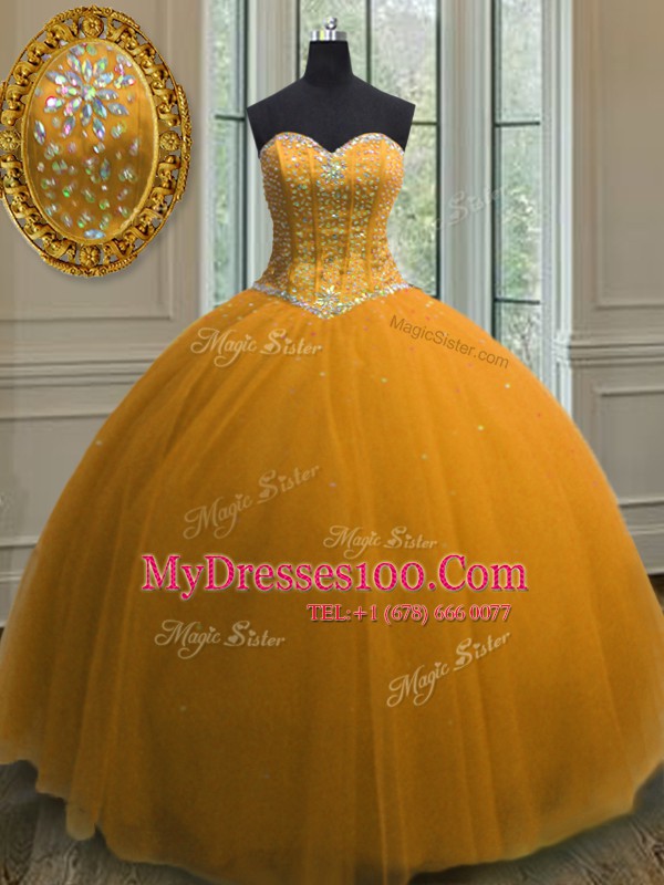 Beading and Sequins Sweet 16 Dress Orange Lace Up Sleeveless Floor Length